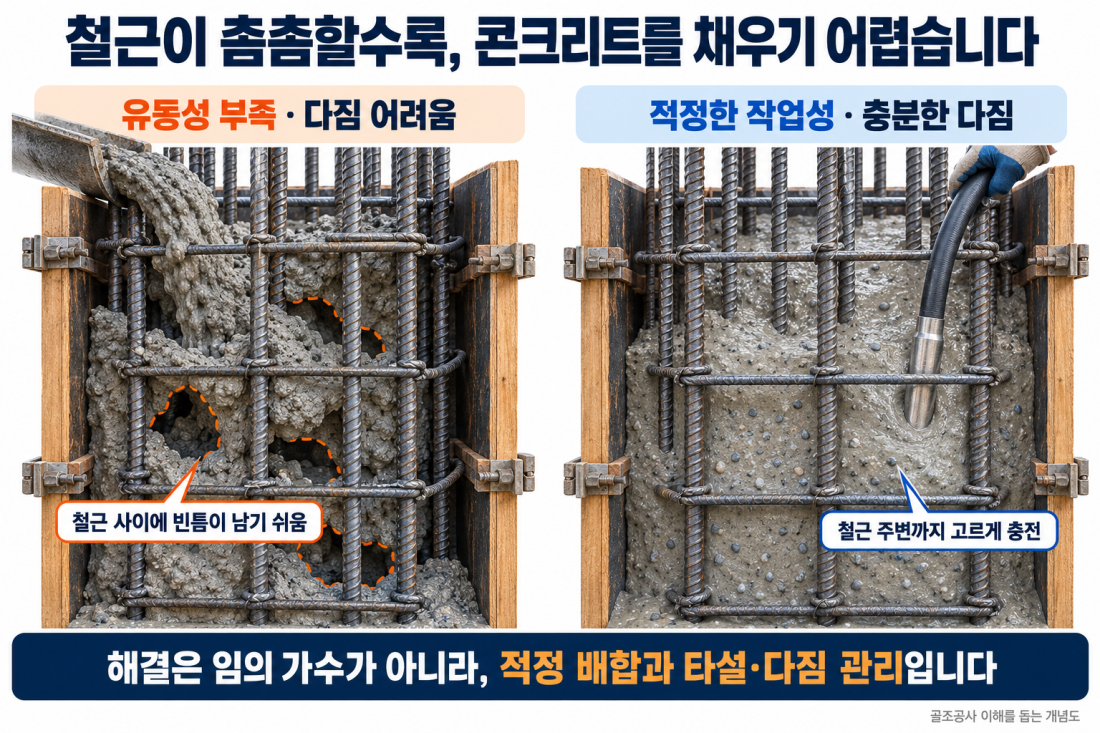 촘촘한 철근 사이에서 유동성 부족으로 빈틈이 생기기 쉬운 상태와 적정 작업성 및 다짐으로 고르게 채운 상태의 비교 그림